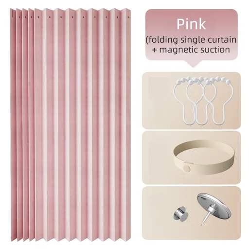 120 X 180 CM Pink Linen-Look Dust Drill-Free Pull-Curtain - Folding Doorless Closet Divider with Magnetic Closure & Hanging Rings