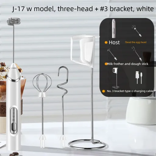 Rechargeable 3-in-1 Milk Frother Set with Metal Stand - Handheld Electric Whisk, Egg Beater & Mixing Hook - 3 Speed Foam Maker for Coffee, Lattes & Baking (White)
