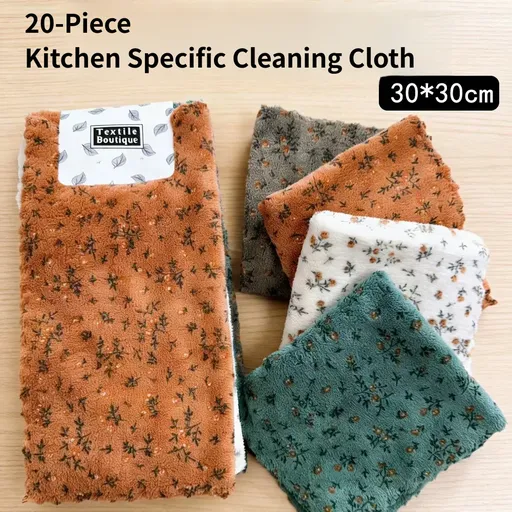 20-Piece Floral Print Coral Fleece Kitchen Cleaning Cloth Set - Ultra Soft, Absorbent & Lint-Free Dishcloth Rags