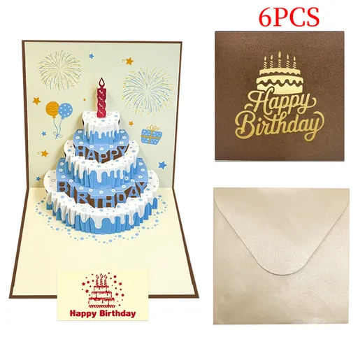 6-Pack 3D Pop-Up Birthday Cake Cards, Luxury Handmade Paper Greeting Gift Cards—Brown