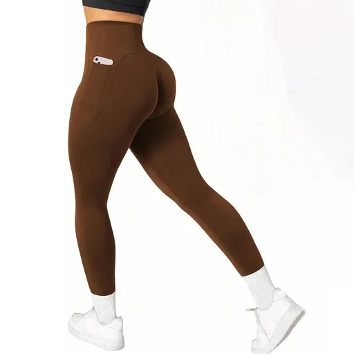L Size Coffee Breathable High-Waist Ruched Butt-Lift Yoga Leggings - Dual Pockets & No Front T - LineNaked-Feel Performance Tights for Gym, Running & Pilates