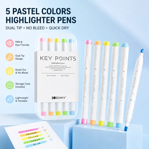 Pastel Dual Tip Highlighter Pen (Fluorescent color) Set 5 Colours with Storage Case, Macaron Mildliner Marker Pens for Study Notes Journaling Planning and Office Use