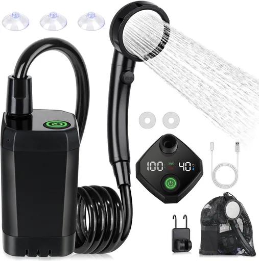 Portable Camping Shower - 6000mAh Rechargeable Shower Pump - With Smart LED Display - 4 Spray Modes - IPX7 Waterproof Outdoor Shower - For Hiking, Travel, Car, Pets - Black