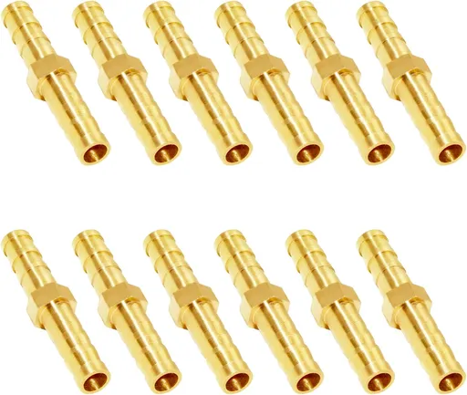 Brass Hose Barb Fitting Metals Splicer Mender, 1/4" Barb Hose Union Fuel Gas Water Air (Pack of 12)
