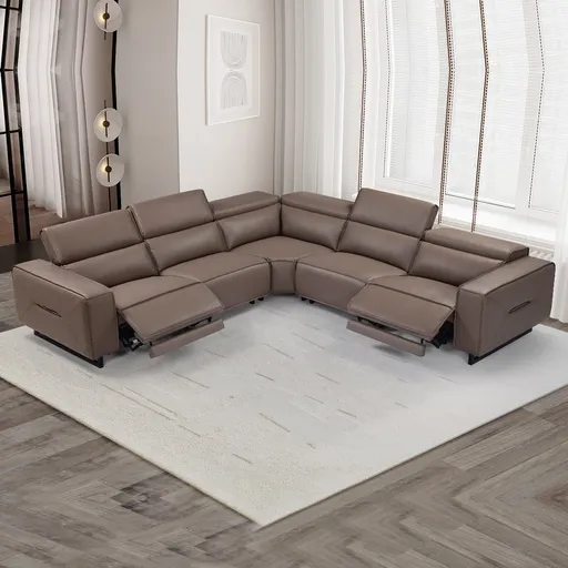 5 Seater Real Cow Leather Sofa with Power Recliner Adjustable Headrest Wooden Frame Corner Lounge