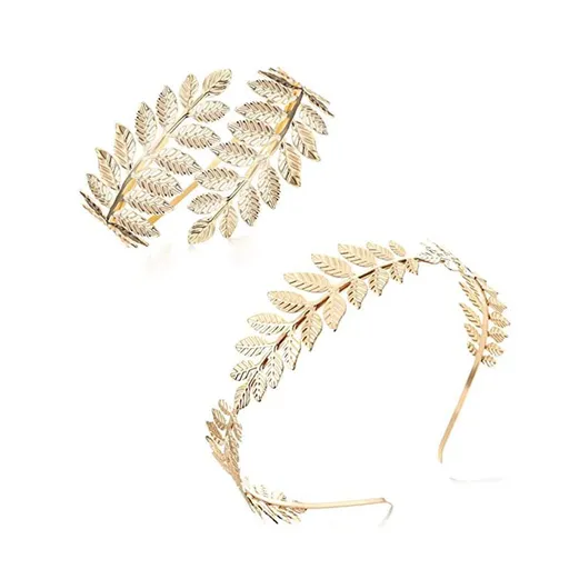 2 pcs Goddess Headband Arm Cuff Bridal Jewelry Set Roman Laurel Leaf Branch Crown Armlet Upper Arm Band Bracelet Adjustable