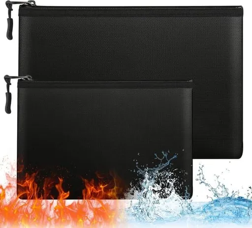 2 Pack Fireproof Document Bags, A4 & A5 Waterproof Fire Resistant Storage Pouches for Passport, Cards, Valuables, 34×24cm & 28×17cm, Black