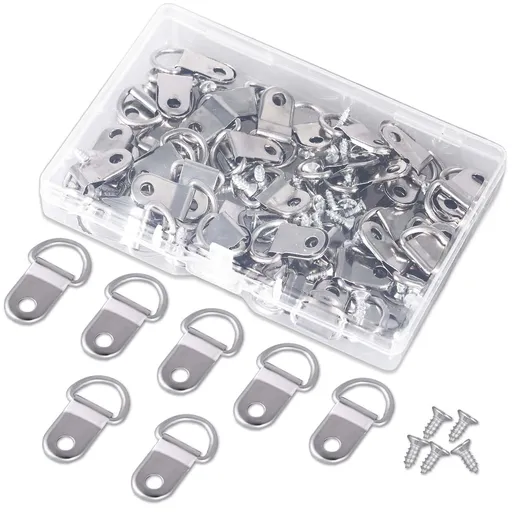 50pcs D Ring Hangers, Heavy Duty Small D-Ring Picture Hangers Kit with 50pcs Screws Nickel Plated Picture Frame Wire Kit