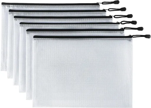 6 Pack Mesh Zipper Pouch Bags Waterproof File Folder Organizer for Office Supplies and Travel Storage Clear, White
