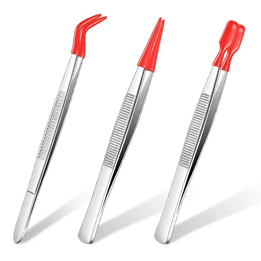 3 Pieces Tweezers with Rubber Tips Tweezers PVC Coated Tweezers Set, Rubber Straight Tip Tweezers Rubber Flat Tip Tweezer (Red)