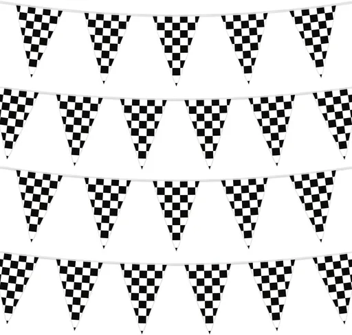 HOOSUN Checkered Flag Banner Race Cars Birthday Decorations,98 Ft 48 Pcs Checkered Flag Party Supplies,Racing Flags Decorations,Black and White Race Car Flag Pennant Banner for Nascar Cars Theme Party
