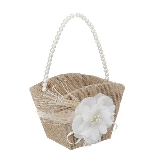 Burlap Flower Girl Basket for Weddings,Romantic Cherish Pearl Handle Wedding Flower Basket Flower Girl Baskets with Pearl Handle