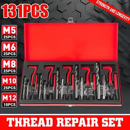 131PCS Thread Repair Kit M5 M6 M8 M10 M12 Helicoil Set with Drill and Tap Tools