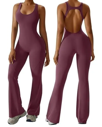 Stylish Backless Flared Jumpsuit for Yoga, Workout, Everyday & Occasions, S (Wine Red)