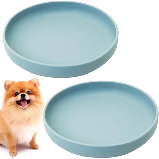 Silicone Dog Bowl Set of 2 Flat Puppy Food & Water Dish Less Mess Cat Dry Food Plates with Suction Cup Non-Tippable Feeding Bowls for Small & Medium-Sized Pets (Round Pale Blue)