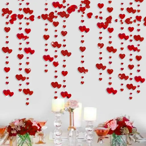Valentines Day Party Decoration Red Heart Garland Metallic Glitter Hanging Heart Streamer Banner for Anniversary Mother's Day Engagement Wedding Bridal Shower Bachelorette Hen Party Supplies 4M 4pcs