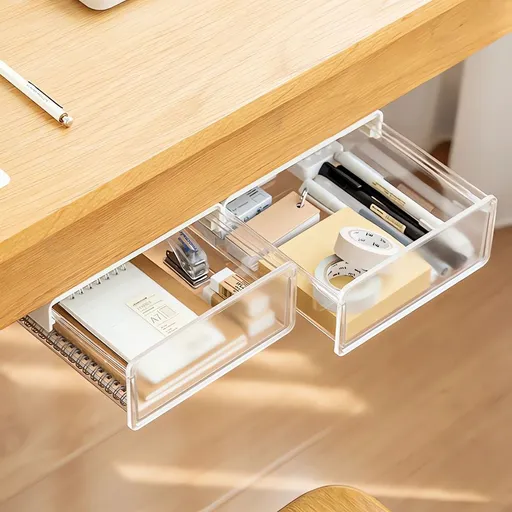 Under Desk Drawer Storage Box | White Plastic Organizer with Transparent Lid | 20x17x7.2cm Sticky Mount | 1-Pack for Office, School, or Home Workstation