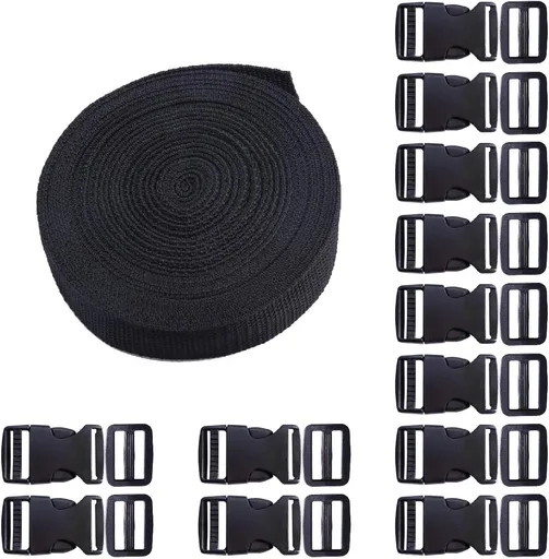 Plastic Buckle Kit Nylon Strap with Quick Release Buckle 12 Sets 1 Inch and Tri-Glide Slides with 11 Yards Nylon Strapping 1 Inch (Black)