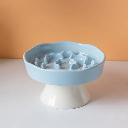 Blue Ceramic Elevated Slow Feeder Bowl Raised Pet Dish 310ml Anti-Vomit Puzzle Design for Cats and Small Dogs Healthy Digestion Sturdy Base