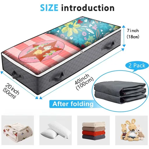 2 Pack Folding Non-Woven Underbed Storage Containers with Clear Top Zipper Lid & 4 Reinforced Handles (Dark Grey 40 x 20 x 7")