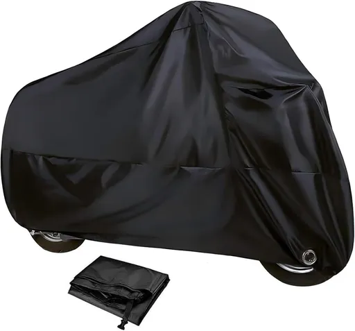 Motorcycle Cover, Waterproof Sun-proof Cloth for All Seasons, Windproof Anti-scratch Shield with Lock‑hole & Buckle Strap, Full Coverage Outdoor Cover for Motorcycle E‑bike Scooter (Black)
