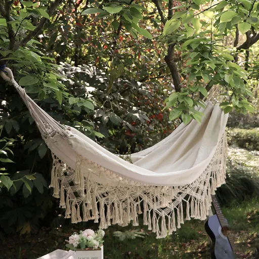 Double Hammock Wearable Portable Rustic Tassel Adult Hammock with 2 Tie Ropes Storage Bag for Camping Indoor Outdoor Beige