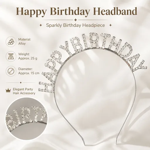 Silver Happy Birthday Rhinestone Headband - Alloy Party Hair Accessory with Sparkling Letters, Lightweight Design for Celebrations and Photo Props
