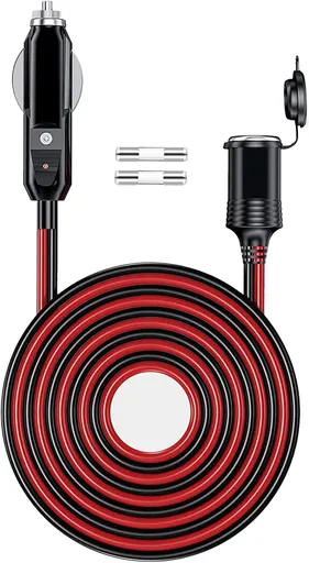 12V/24V 16AWG Heavy Duty Cigarette Lighter Extension Cable 13FT, 156W/15A Male Plug to Female Socket Adapter Extension Cord with LED Lights (Built-in 15A Fuse & 2 * 15A Spare Fuse)