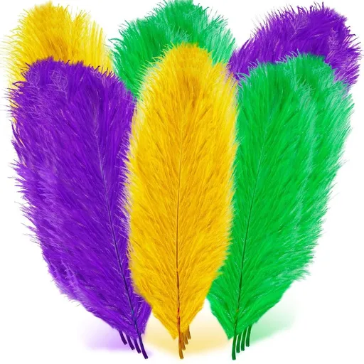 12Pcs Mardi Gras Feathers for Crafts Natural Green Gold Purple Feathers Bulk Colorful Feathers for DIY Craft Carnival Costume Mardi Gras Party Decorations, 10-12inch Long