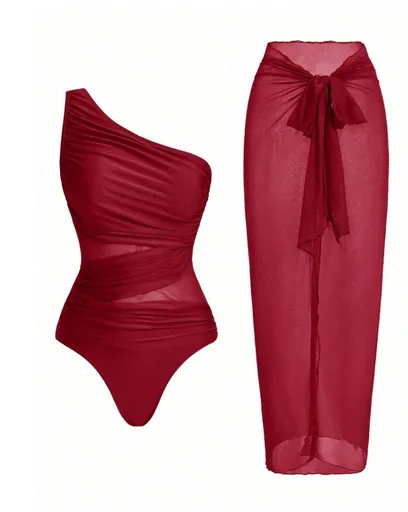 Red Stylish One-Shoulder One-Piece Swimsuit + Sheer Mesh Sarong Wrap Skirt Set (M Size) - Women's Elegant Ruched Crossover Tummy Control Beachwear with Wireless Chest Padding for Beach Holiday Party