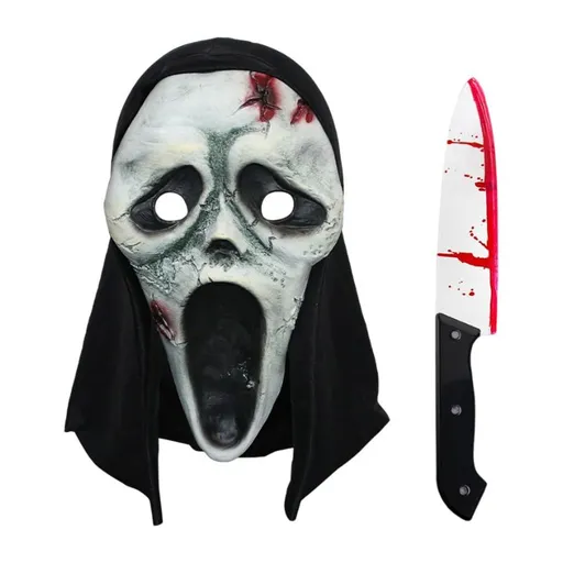 Scream Ghost Face Mask with Bloody Knife Prop - Halloween Cosplay Latex Hood Mask for Horror Parties, Masquerades and Haunted Houses (Style 8)