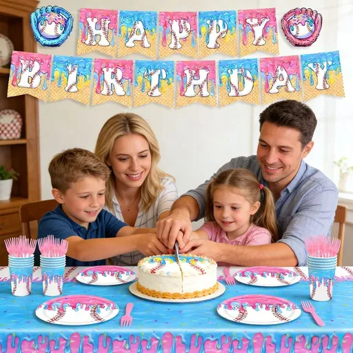 Ice Cream Baseball Theme Party Supplies Set for 10 Guests Includes Plates Cups Forks Napkins Tablecloth Banner Birthday Decor