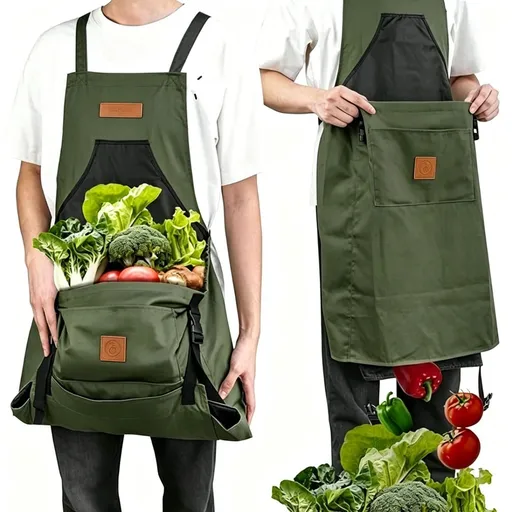 Oxford Cloth Waterproof Gardening Apron, Large Capacity Kangaroo Pocket, Cross Back Straps Comfortable, Great Helper for Picking and Weeding(pitch green)