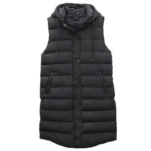 Women's Longline Padded Vest Hooded Jacket Puffer Puffy Quilted Zip Coat Gilet, Black, 18