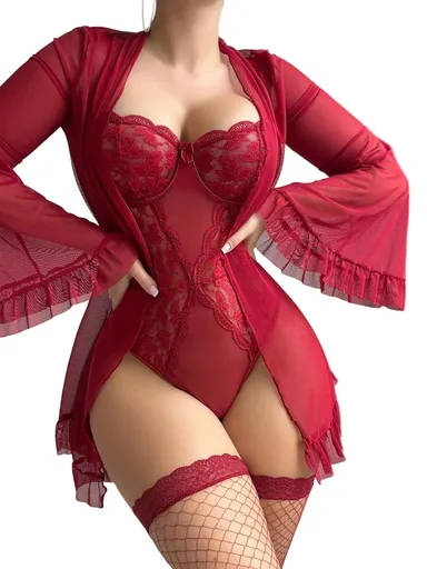 House Of Dasein Lace One Piece Sleepwear Flare Sleeve Sexy Belted Lingerie Set With Stockings For Women - Wine Red - S