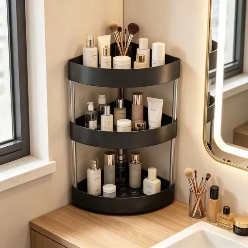 Countertop Spice Rack Multi-Tier Desktop Organizer Triangular Corner Design Plastic Storage Rack with Drainage for Kitchen Bathroom Vanity