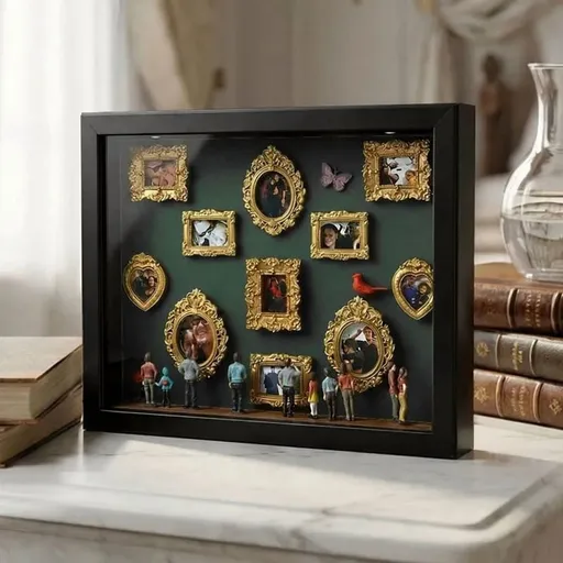 DIY Mini Memory Box Paper Cut Silhouette Shadow Box Kit with Gold Frames and Miniature Figurines for Personalized Art Keepsake Gift 10x10 Inch Display
