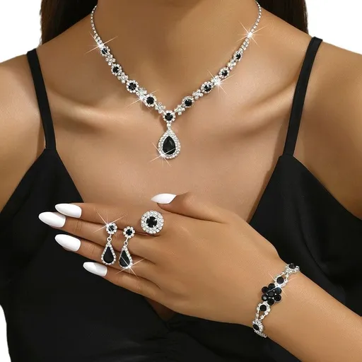 High-end Colored Gemstone Teardrop Jewelry 4-Piece Set, Women's Accessory Set, Wedding and Evening Accessories - Black
