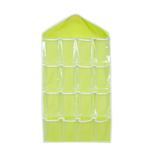 Green 16 Pocket Hanging Wardrobe Organizer - Clear PE and Polyester Storage Bag with 16 Visible Compartments, Space Saving Over Door or Closet Hanger for Socks Underwear Accessories, Foldable Home Tidy Solution
