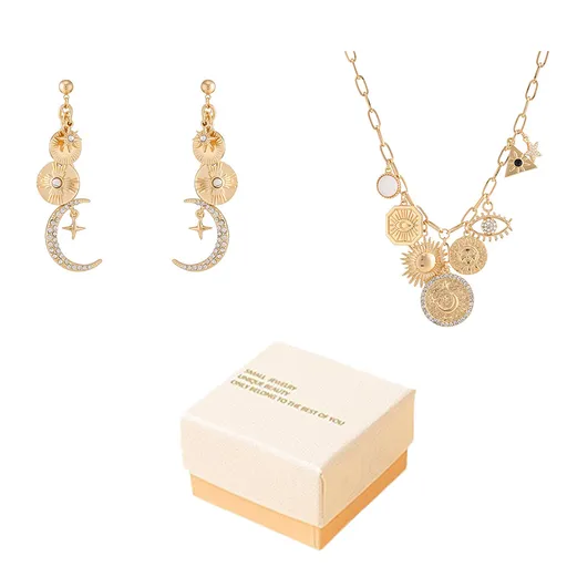 Celestial Magic Jewelry Set （Necklace and Earrings ）- Gold Tone Iron and Zinc Alloy - Necklace 43+8cm, Earrings 2x6.5cm - Sun Moon Star Evil Eye Charms, Gift Ready for Women