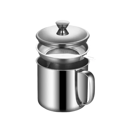 1 Piece Bacon Grease Container With Strainer, Stainless Steel Oil Container, Pot Fat Storage With Lid, Easy Grip Handle, Silver, 13.5 cm
