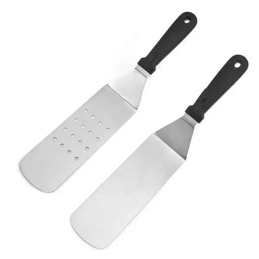 2 PCS Stainless Steel Dry Pan Teppanyaki, Slotted Spatula Handle Flexible Grill Turner/Spatula Black Plastic Handle