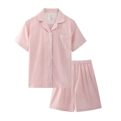 Japanese Cotton Pajama Suit Women Men Short Sleeve Women's Pink Dot-Short Sleeve Shorts