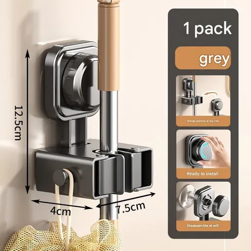 1 pack Grey Suction Cup Mop and Broom Holder Wall Mount - No Drill Adhesive Hook for Bathroom, Kitchen and Laundry, Strong Hold Reusable Storage Organiser for Cleaning Tools