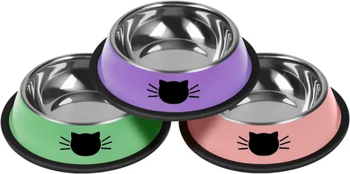 Cat Bowls Non-Slip Stainless Steel Small Cat Food Bowls Unbreakable Thicken Cat Feeder 7 Oz Cat Dishes Suitable for Indoor Small Pets Removable Rubber Base Easily Clean Lovely Color Purple, Green, Pink