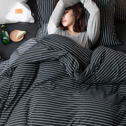 SHANGPIN Cotton Bedding Set Stripe 60 Thread Count 1.2m bed hat [quilt cover 150*200/bed hat 120*200] three-piece set