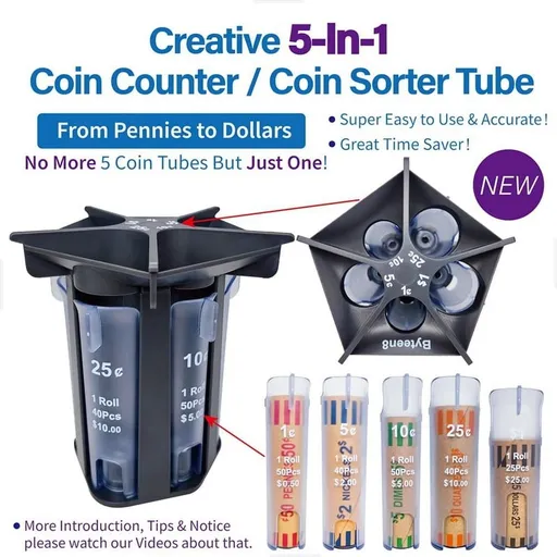 Coin Counter Sorter Tube, 5-In-1 Change Organizer, Machine Roller