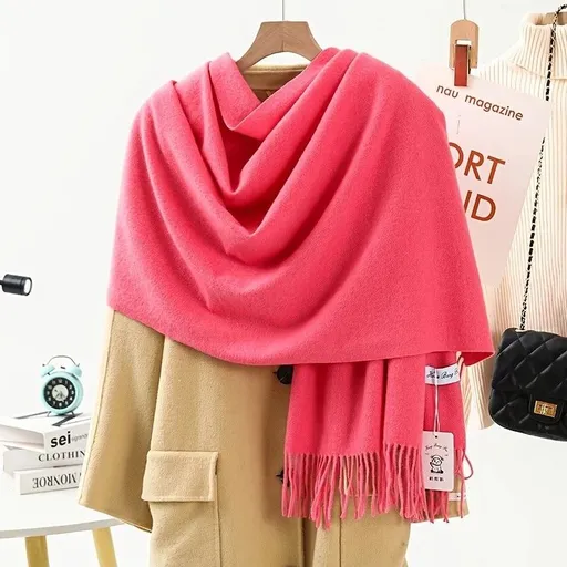 Solid Color Cashmere Wrap Scarf, Thickened for Warmth and Windproof, Bohemian-Style Winter Wardrobe Essential(Rose powder)