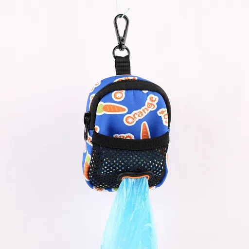 Stylish Printed Dog Walk Pouch, Pet Waste Bag Dispenser with Bone-Shaped Outlet, Mini Backpack Design with Hooks and Straps for Leashes, Keys, and Small Essentials (Blue)