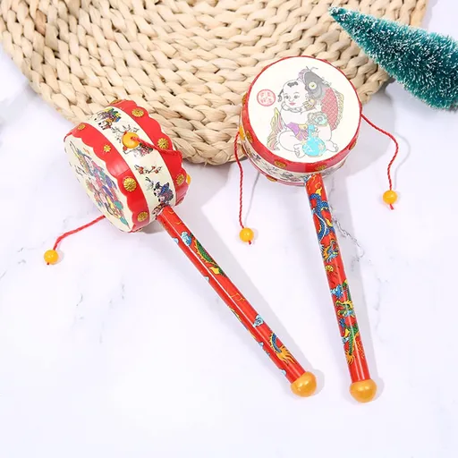 3pcs Spinning Rattle Drum Hand Bell Drum - Baby Musical Educational Chinese Traditional Percussion Fun China Toys,7.48" x 2.56"